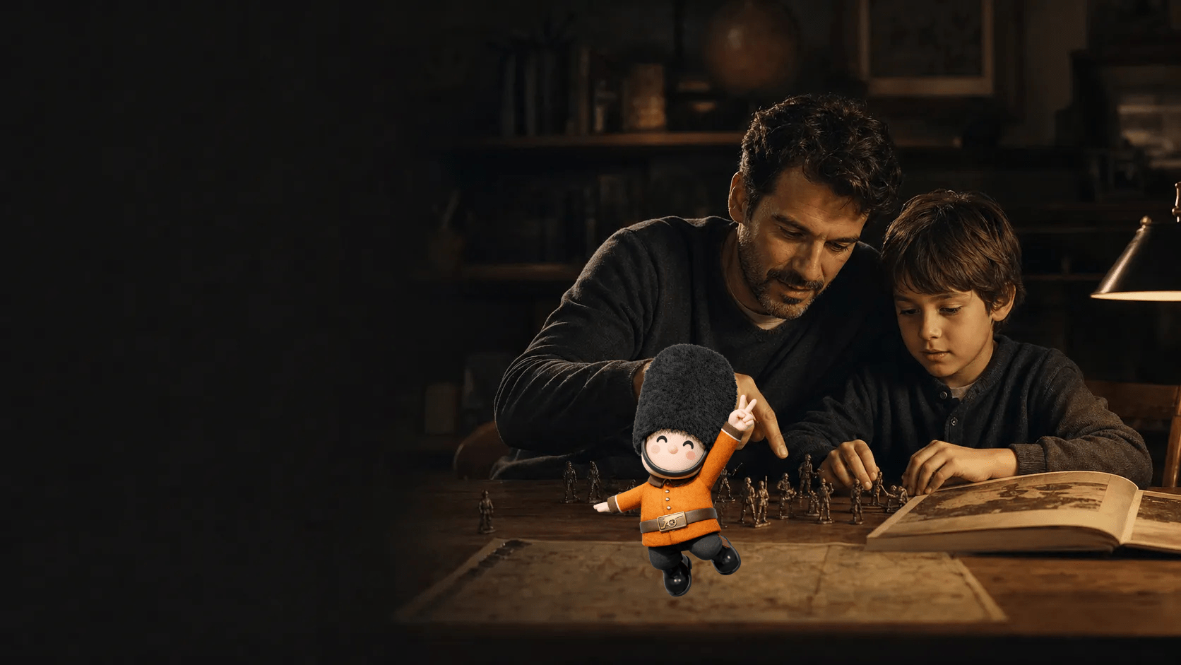 Pai e filho descobrindo a história juntos com livros, mapas e miniaturas
